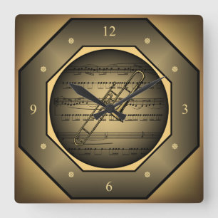 Clock-tagon ~ Trombone ~ Sheet Music ~ Tuscan ~ Square Wall Clock