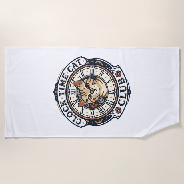 Clock Time Cat Cat Graphic Tee Art - Clock Time Ca Beach Towel (Front)