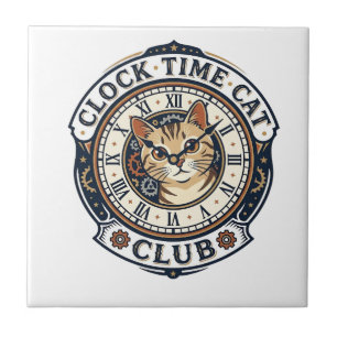 Clock Time Cat Cat Graphic Tee Art - Clock Time Ca Tile