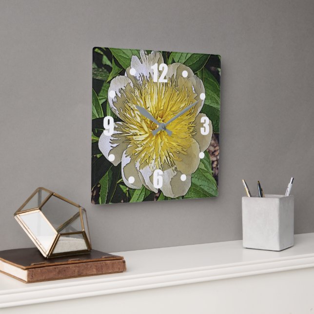CLOCK/ WHITE PEONY WITH YELLOW CENTER. SQUARE WALL CLOCK (Office)