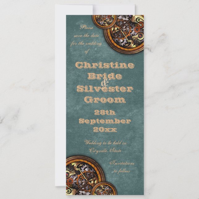 Clockwork and Leather, 4x9.25 save the date (Front)