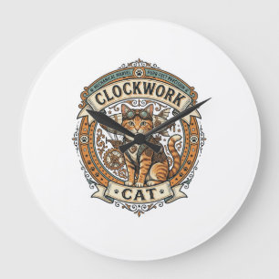Clockwork Cat Cat Steampunk Vintage Vector Art Shi Large Clock