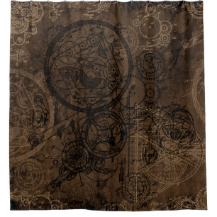 Clockwork Collage Brown Shower Curtain