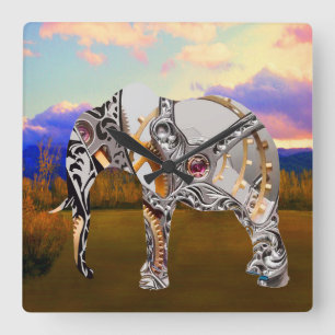 Clockwork Elephant Square Wall Clock