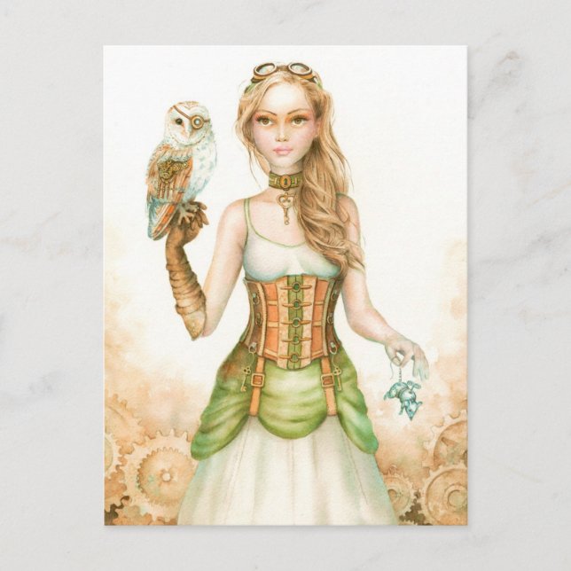 Clockwork, rustic steampunk girl and owl postcard (Front)