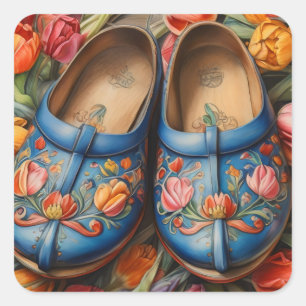 Clogs with Tulip background Square Sticker