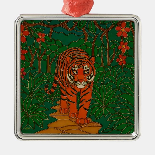 Cloisonne Art Tiger on the Jungle Path Metal Tree Decoration (Front)
