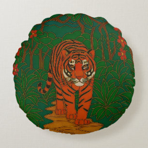 Cloisonne Art Tiger on the Jungle Path Round Cushion