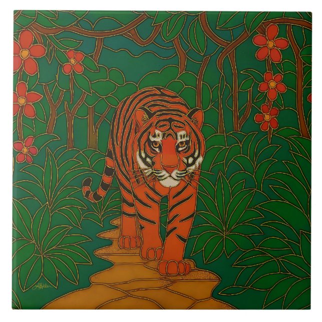 Cloisonne Art Tiger on the Jungle Path Tile (Front)