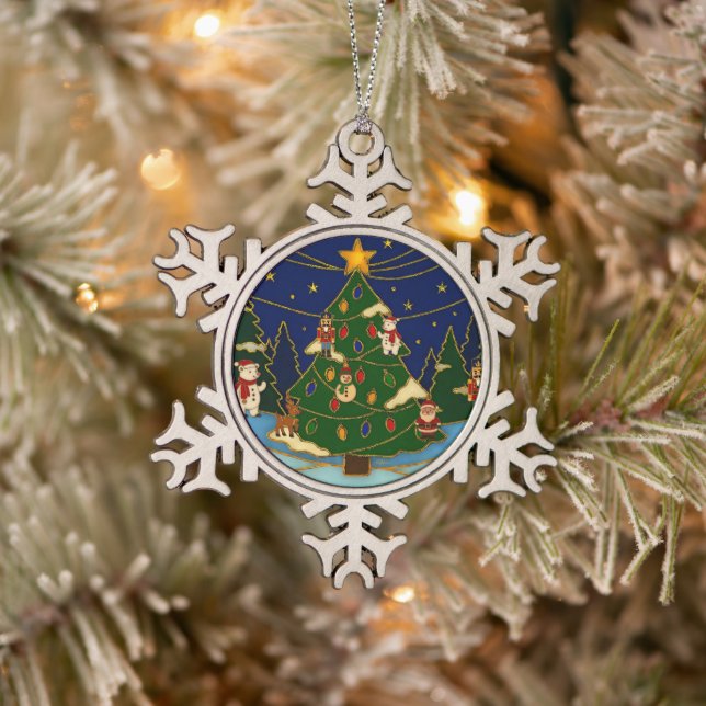 Cloisonne Art Whimsical Forest Classic Christmas  Snowflake Pewter Christmas Ornament (Tree)