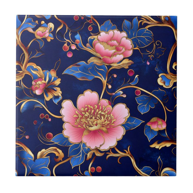 Cloisonne pink blue floral pattern tile (Front)