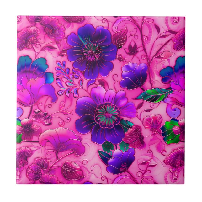 Cloisonne pink purple floral pattern tile (Front)