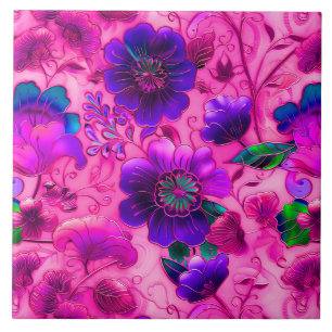 Cloisonne pink purple floral pattern tile