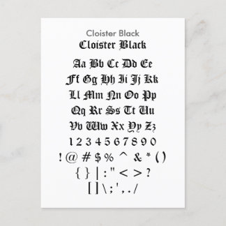 Cloister Black - Zazzle Font Sampler Sheet Postcard
