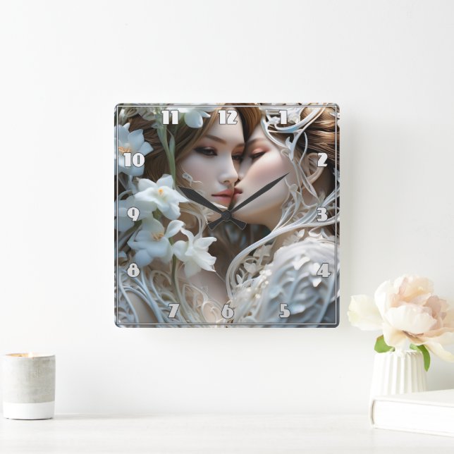 Close Embrace of Two Women Among Flowers Square Wall Clock (Home)
