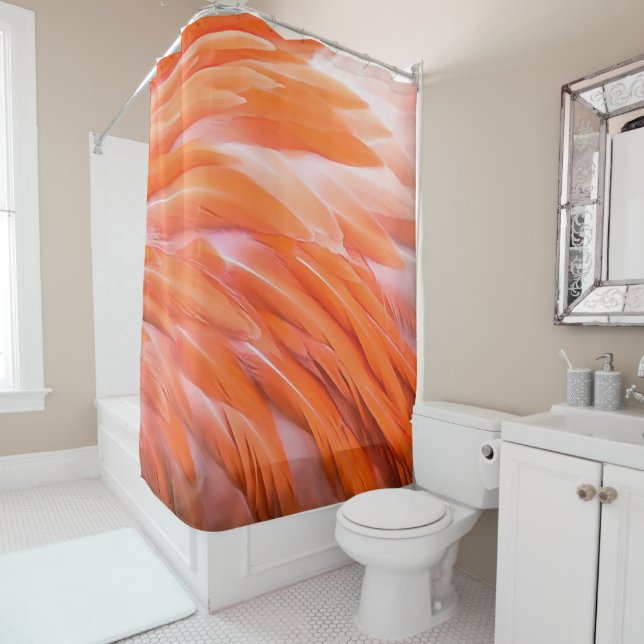 Close Up Coral and Pink Artistic Flamingo Feathers Shower Curtain (In Situ)