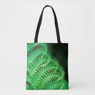 Close up green fern on black tote bag