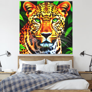 Close-Up Jaguar Leopard Face with Green Eyes Canvas Print