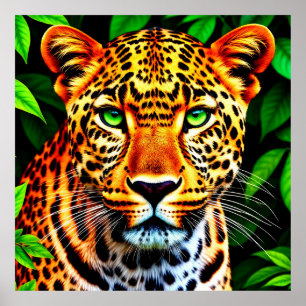 Close-Up Jaguar Leopard Face with Green Eyes Poster