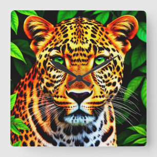 Close-Up Jaguar Leopard Face with Green Eyes Square Wall Clock