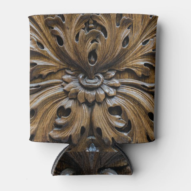 Close-Up Oak Wood Carving: Carpentry Detail Can Cooler (Front)