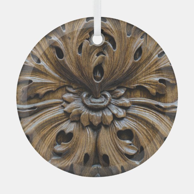 Close-Up Oak Wood Carving: Carpentry Detail Glass Tree Decoration (Front)