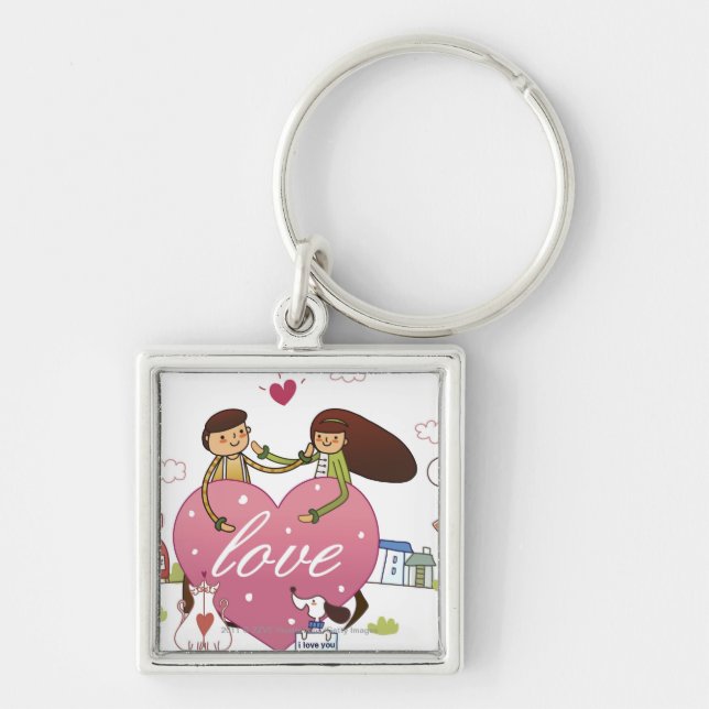 Close-up of a couple holding a heart shape key ring (Front)