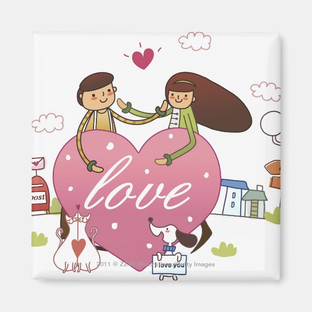 Close-up of a couple holding a heart shape magnet (Front)