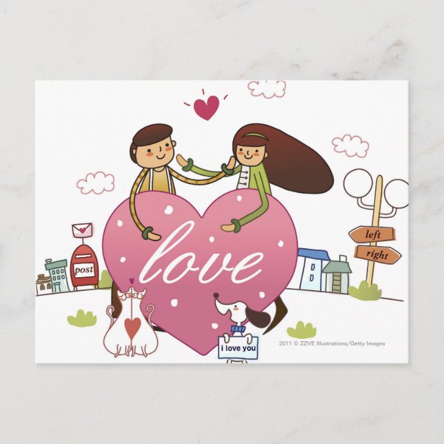 Close-up of a couple holding a heart shape postcard (Front)