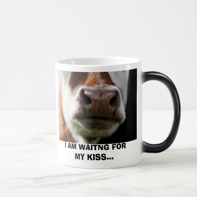 close up of a cow, I AM WAITNG FOR MY KISS... Magic Mug (Right)