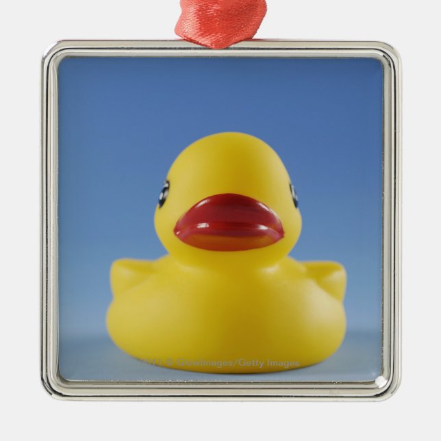 Close-up of a rubber duck metal tree decoration (Front)
