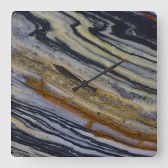Close up of a Striated Jasper Slab Square Wall Clock (Front)