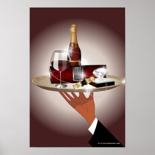 Close-up of a waiter's hand holding a tray poster