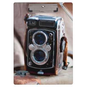 Close-up of an antique camera clipboard