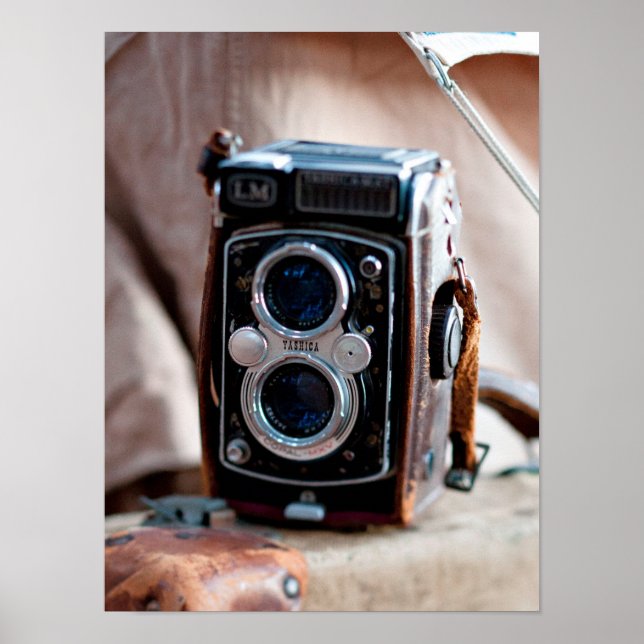 Close-up of an antique camera poster (Front)