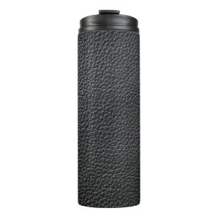 Close up of black leather texture and backgroundle thermal tumbler