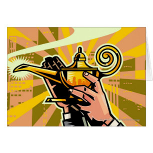 Close-up of businessman holding magic lamp