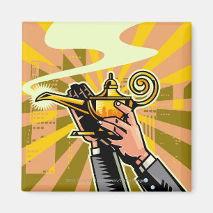 Close-up of businessman holding magic lamp magnet