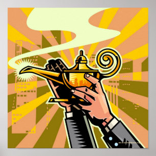 Close-up of businessman holding magic lamp poster