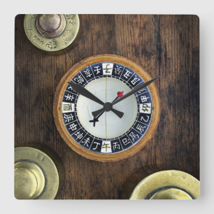 Close Up Of Chinese Compass And Gold Weights Square Wall Clock