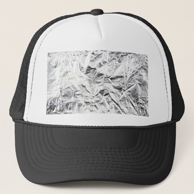 Close-Up Of Crumpled Aluminium Foil Trucker Hat (Front)