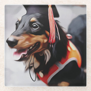 Close Up Of Dachshund Dog Wearing Graduation Hat P Glass Coaster