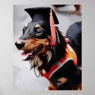 Close Up Of Dachshund Dog Wearing Graduation Hat Poster