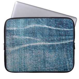 close-up of denim cloth laptop sleeve