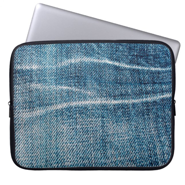 close-up of denim cloth laptop sleeve (Front)