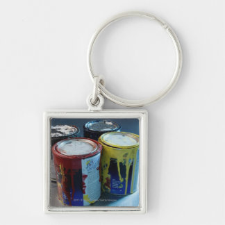 Close-up of four paint cans key ring