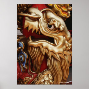 Close up of gold dragon on temple pillar poster