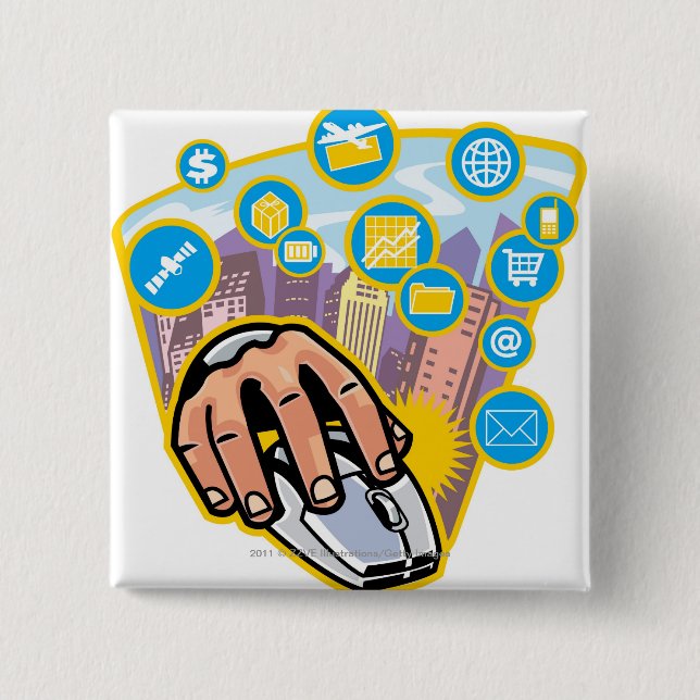 Close-up of hand on computer mouse 15 cm square badge (Front)