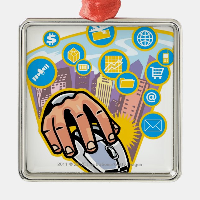 Close-up of hand on computer mouse metal tree decoration (Front)