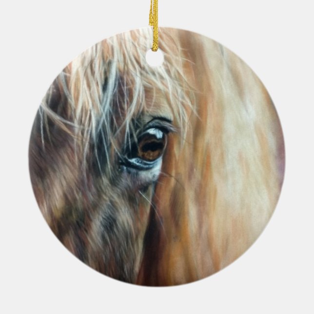 Close up of horse eye ceramic tree decoration (Back)